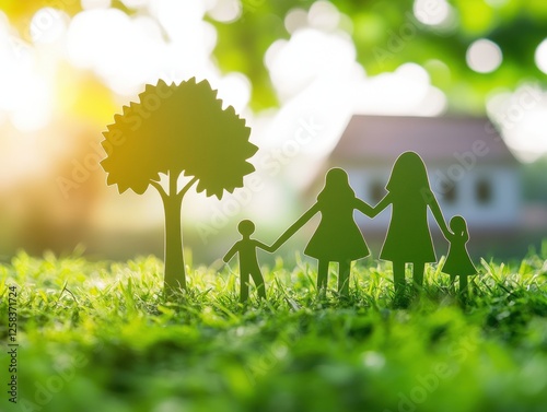 Serene Green Family Paper Cutout Scene in a Peaceful Neighborhood Illustrating Eco Friendly Lifestyle photo