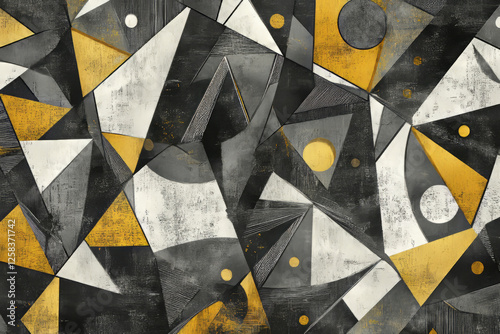 Abstract design with hand-drawn geometric shapes, blending shades of gray, gold, and black in an intricate and emotionally resonant pattern.