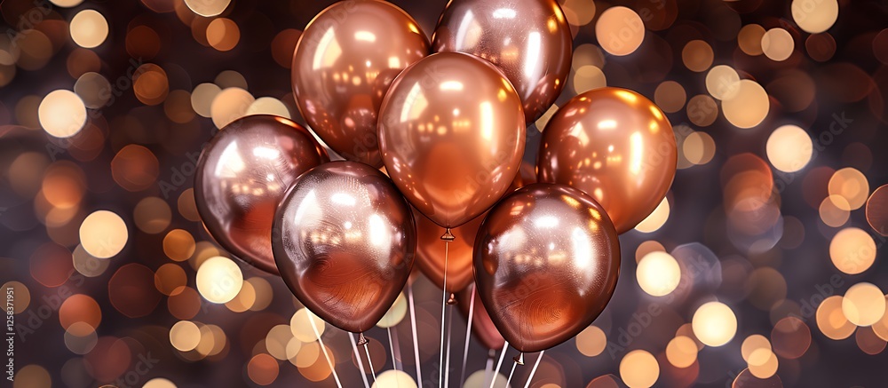 Metallic balloons in copper and bronze shades, set against bokeh lights, perfect for party decor. Metallic balloons in copper and bronze shades, set against bokeh lights, perfect for party decor.