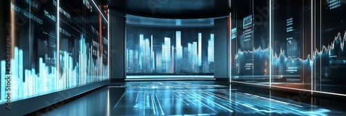 Futuristic data center with city skyline view and glowing charts on screens. photo