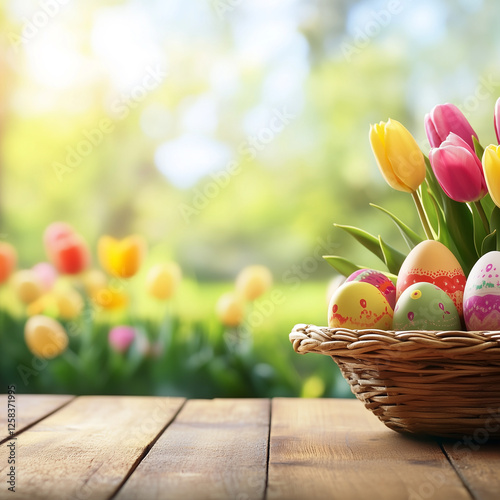 Easter table background with wooden table and ornaments in a basket, blurred garden backdrop. for advertising product displays or backgrounds