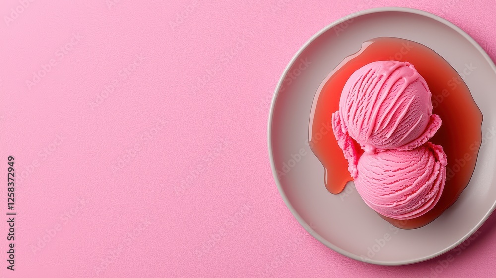 Obraz premium Two Scoops of Pink Ice Cream with Syrup on a Modern Plate Against a Soft Pink Background