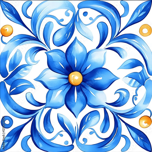 Watercolor artwork, blue and yellow azulejos tile Traditional Portuguese Mosaic