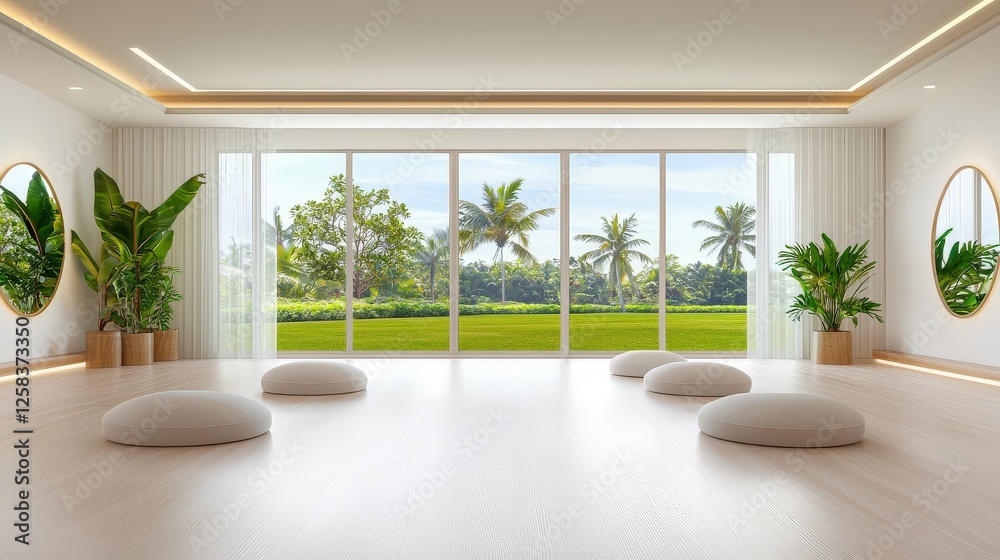 Fototapeta premium A bright, airy wellness studio with large windows, natural light, and fresh air enhancing relaxation and mindfulness.