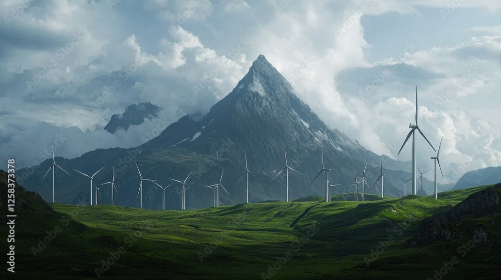 Fototapeta premium Majestic Mountain Landscape with Wind Turbines Amidst Clouds