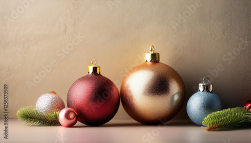 stylish christmas ornaments on textured backdrop