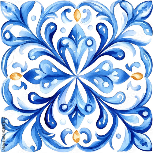 Watercolor artwork, blue and yellow azulejos tile Traditional Portuguese Mosaic