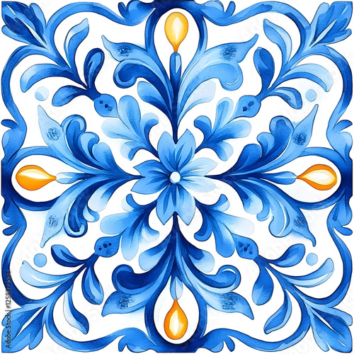 Watercolor artwork, blue and yellow azulejos tile Traditional Portuguese Mosaic