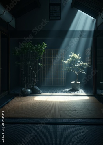 Obraz na płótnie Zen garden sanctuary: a tatami mat desk in a peaceful zen garden with a bamboo screen and a small bonsai tree bamboo house background beautiful bamboo asian seaport baltic sea antebellum w salonie