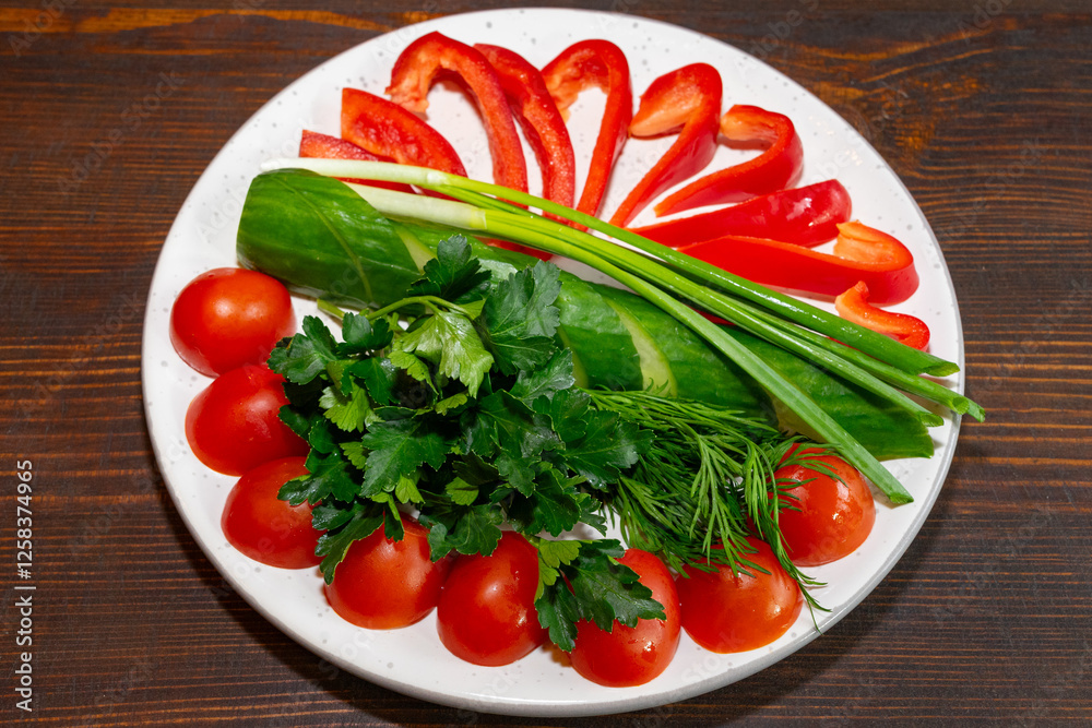 Freshly cut vegetables arranged beautifully on a white plate Savory vegetable pie served with fresh garnishes Freshly cut vegetables arranged beautifully on a white plate Savory vegetable pie served with fresh garnishes