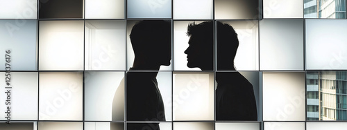 Silhouette of two men in tense conversation in a modern, box-like business office environment