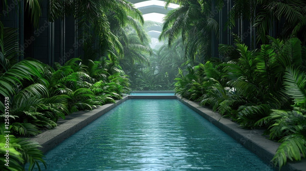 Fototapeta premium Serene Indoor Pool Surrounded by Lush Tropical Foliage and Greenery