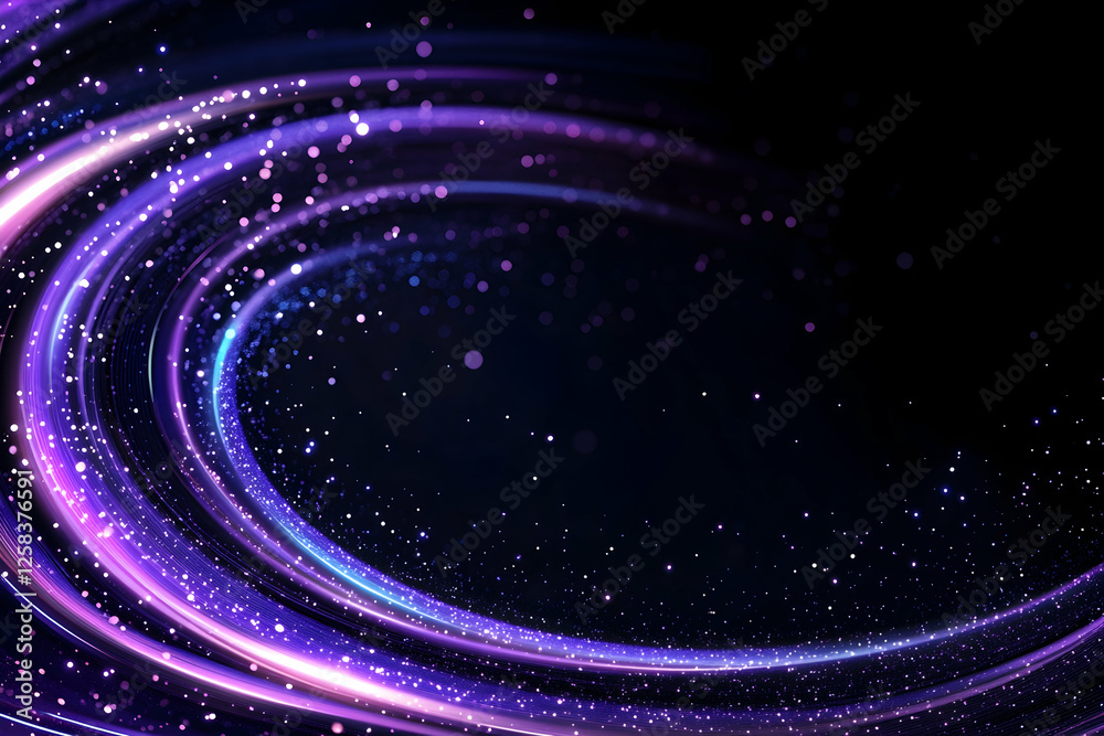 Obraz premium Abstract purple light trails swirling, shining stars in dark background. Use Background graphic