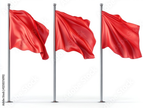 Three Red Flags Symbolizing Warning or Danger with Waving Fabric on Poles Against White Background