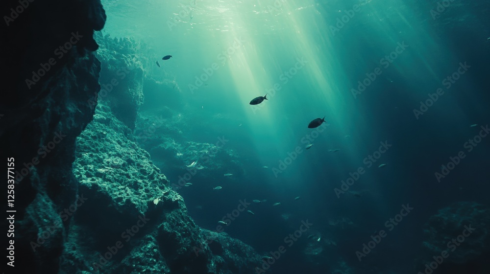 Fototapeta premium Mysterious underwater ocean scene with deep blue waters and sunlight rays