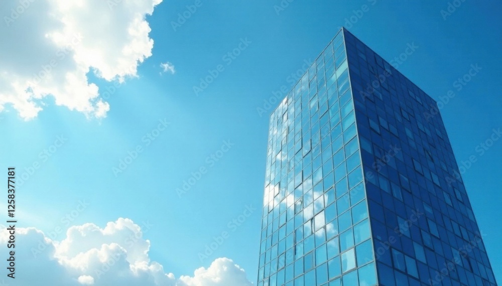 Modern office building with sleek glass facade against a clear blue sky with fluffy white clouds , cityscape, modern office building, high rise Modern office building with sleek glass facade against a clear blue sky with fluffy white clouds , cityscape, modern office building, high rise