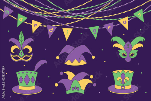 Cartoon masks and hats for Mardi Gras party theme. un and festive Mardi Gras hats clipart with colorful designs