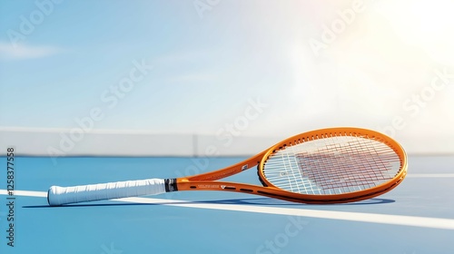 Orange And White Tennis Racket On Blue Court Under Sunlight
