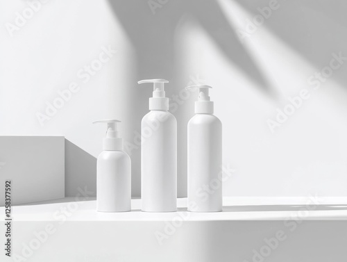 Three White Cosmetic Bottles with Pump Dispensers in a Clean Minimalist Product Display Mockup