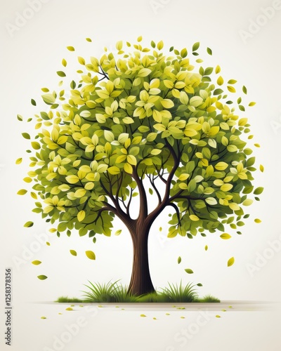 Tree with Green Leaves Cartoon Style Art Illustration Fresh Seasonal Decorative Artwork Isolated Scene