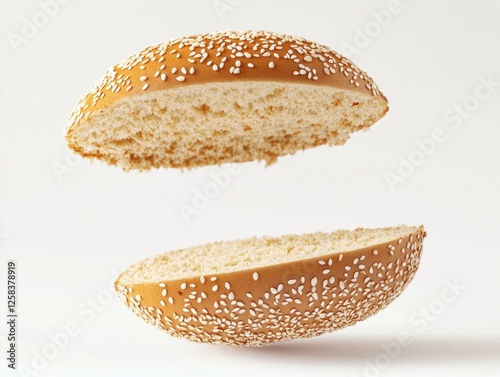 Obraz na płótnie Two Halves of a Sesame Seeded Burger Bun Floating Separately on a Plain White Backdrop w salonie