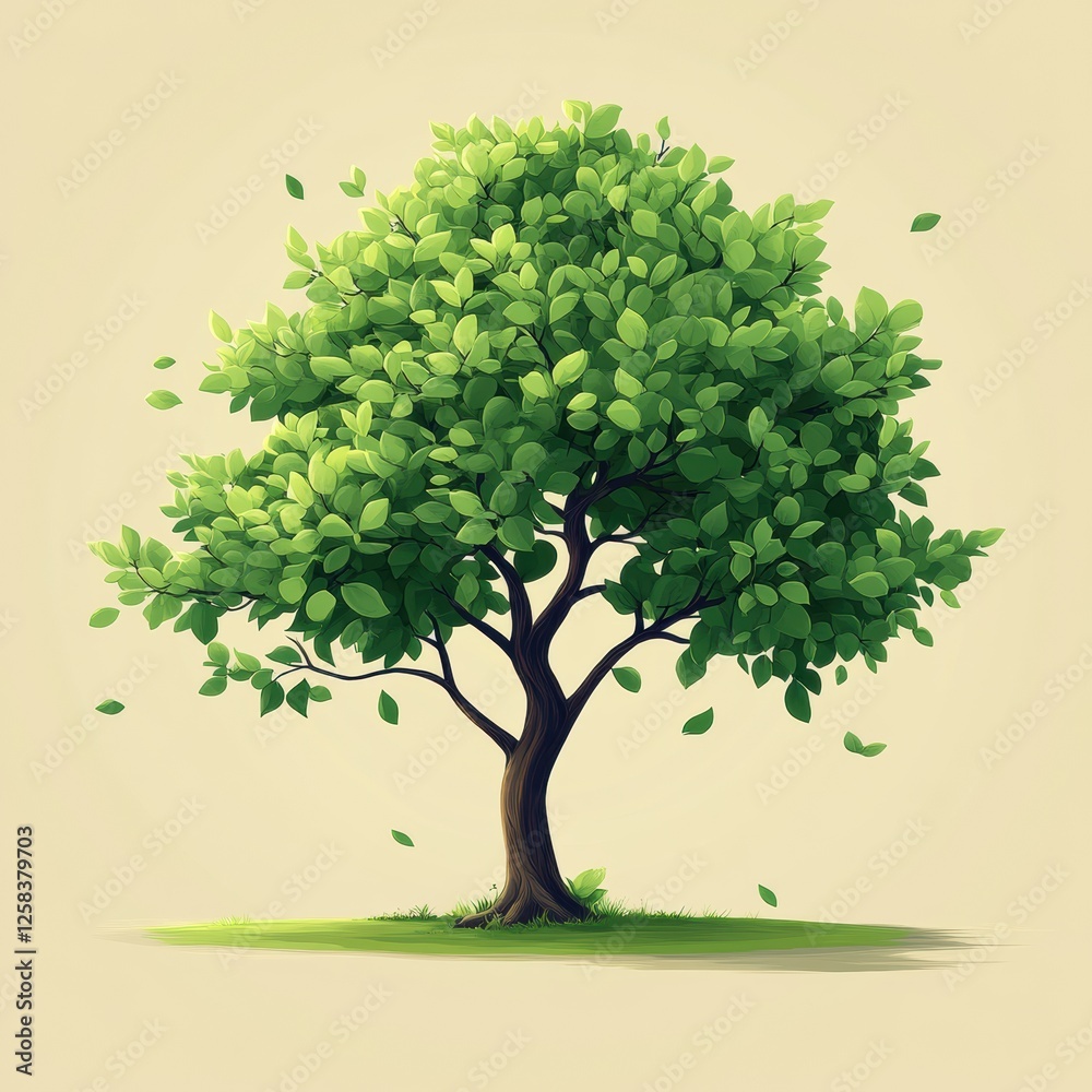 Verdant Tree in Full Leaf with Scattered Leaves on Ground and Whimsical Foliage Against Pale Backdrop Verdant Tree in Full Leaf with Scattered Leaves on Ground and Whimsical Foliage Against Pale Backdrop