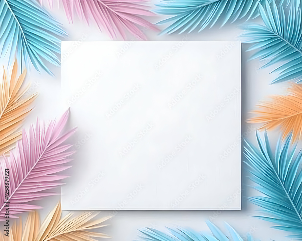Blank white square with a frame of pastel-colored palm leaves. Mockup for Summer themed ad Blank white square with a frame of pastel-colored palm leaves. Mockup for Summer themed ad