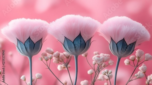 Three delicate pink flowers with feathery petals against a soft pink background, surrounded by small white blooms