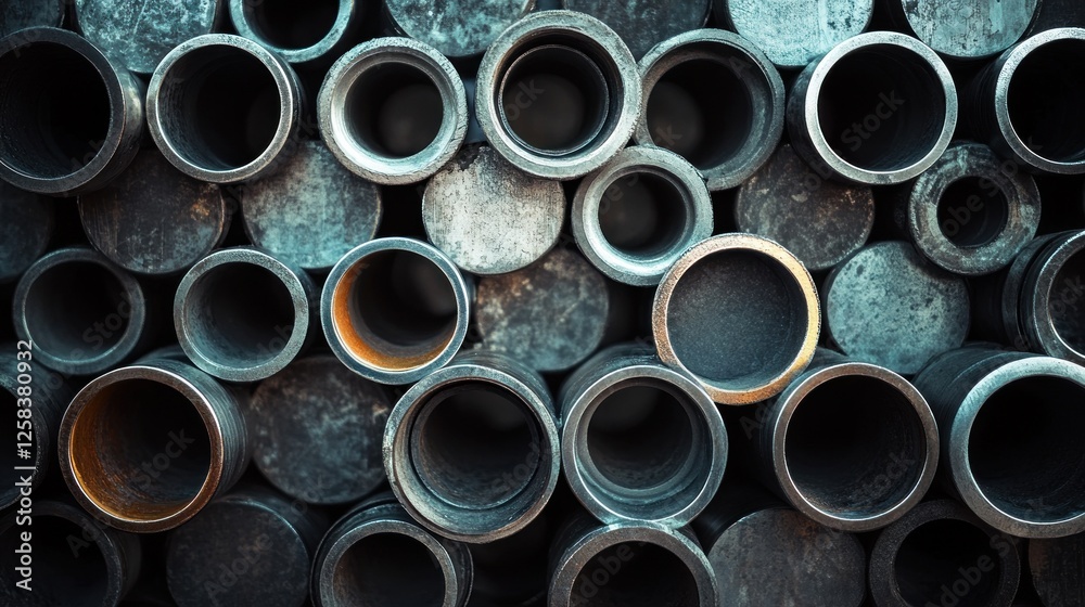Stacked metal pipes with varying textures and colors. Stacked metal pipes with varying textures and colors.