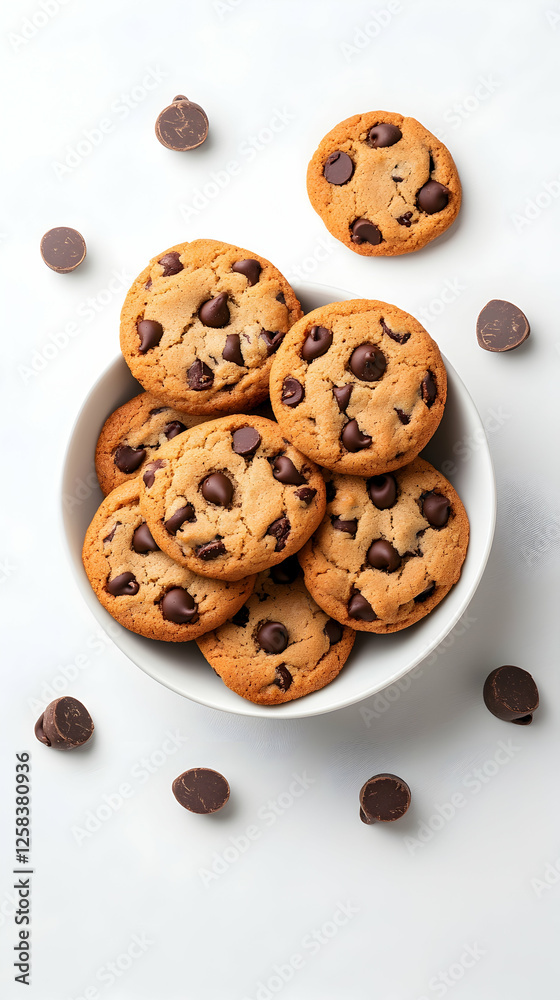 Bowl full of chocolate chip cookies on a white background for a cookbook or recipe Bowl full of chocolate chip cookies on a white background for a cookbook or recipe