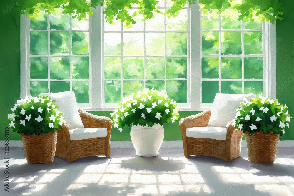 A tranquil indoor space featuring wicker chairs, white cushions, and vibrant green plants, bathed in soft natural light from large windows. A tranquil indoor space featuring wicker chairs, white cushions, and vibrant green plants, bathed in soft natural light from large windows.