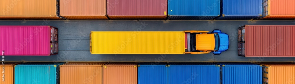Aerial view: truck among colorful containers. Aerial view: truck among colorful containers.