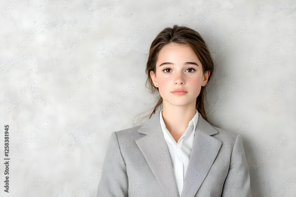 Business woman in a suit stands against a gray wall for headshot or corporate website banner Business woman in a suit stands against a gray wall for headshot or corporate website banner