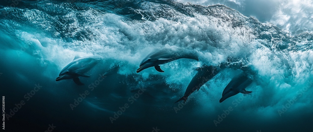 Naklejka premium Three dolphins swimming underwater, wave breaking above.