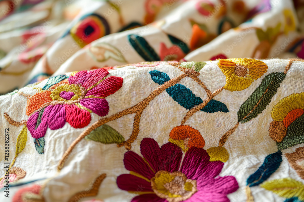 Fototapeta premium Highly detailed Indian hand-embroidered fabric, with colorful threads and fine textures that create a rich, decorative look.