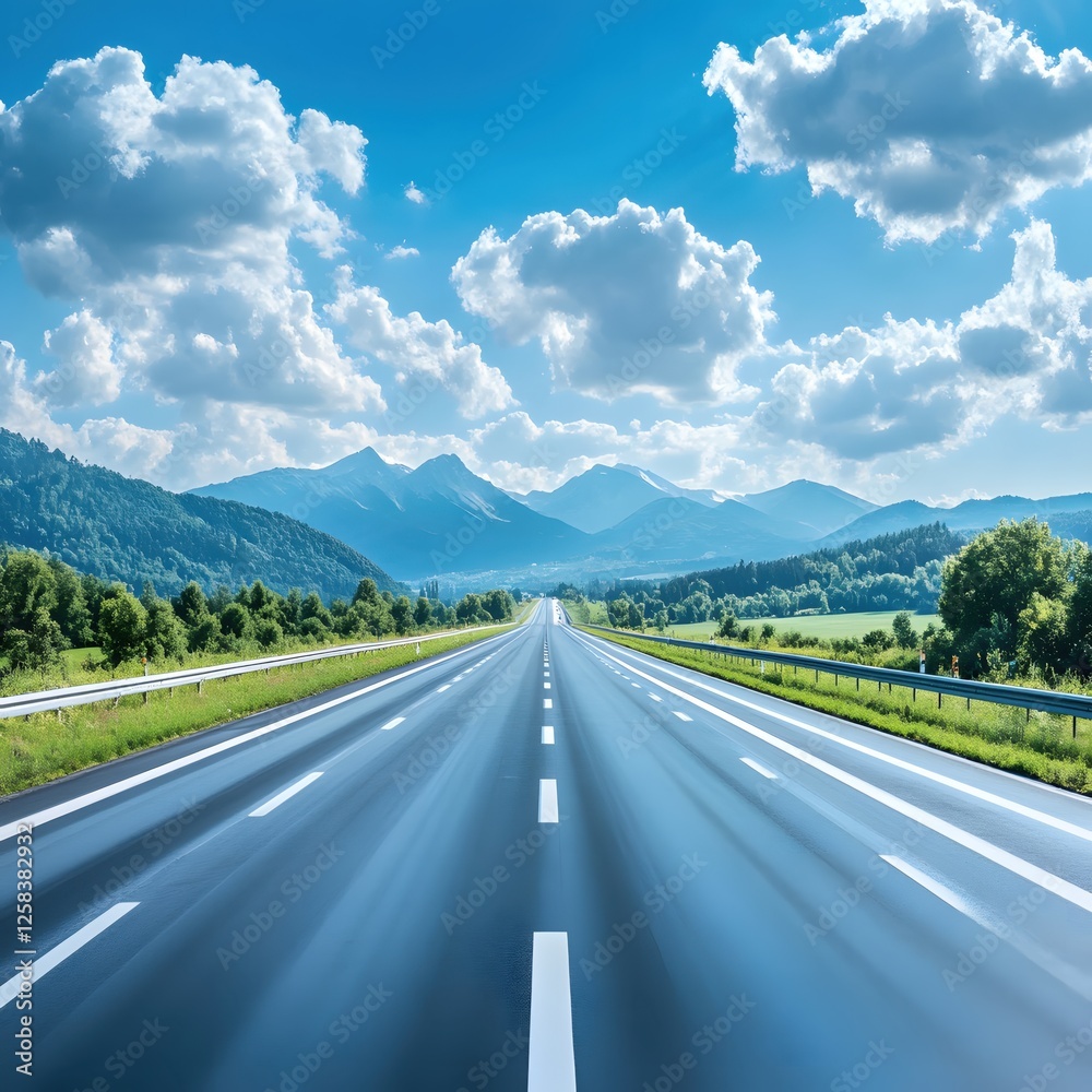 Fototapeta premium Scenic Highway Journey with Majestic Mountain Views and a Bright Blue Sky with Clouds