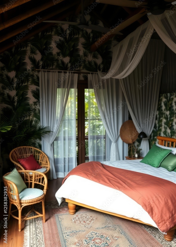 Design a bedroom with a tropical theme featuring palm-print wallpaper rattan furniture bamboo accents and vibrant pops of green include light airy curtains and natural textures to enhance the vi bambo