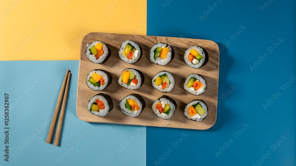 Flat lay of gourmet plant based sushi rolls with v Flat lay of gourmet plant based sushi rolls with v