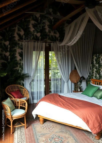 Obraz na płótnie Design a bedroom with a tropical theme featuring palm-print wallpaper rattan furniture bamboo accents and vibrant pops of green include light airy curtains and natural textures to enhance the vi bambo w salonie