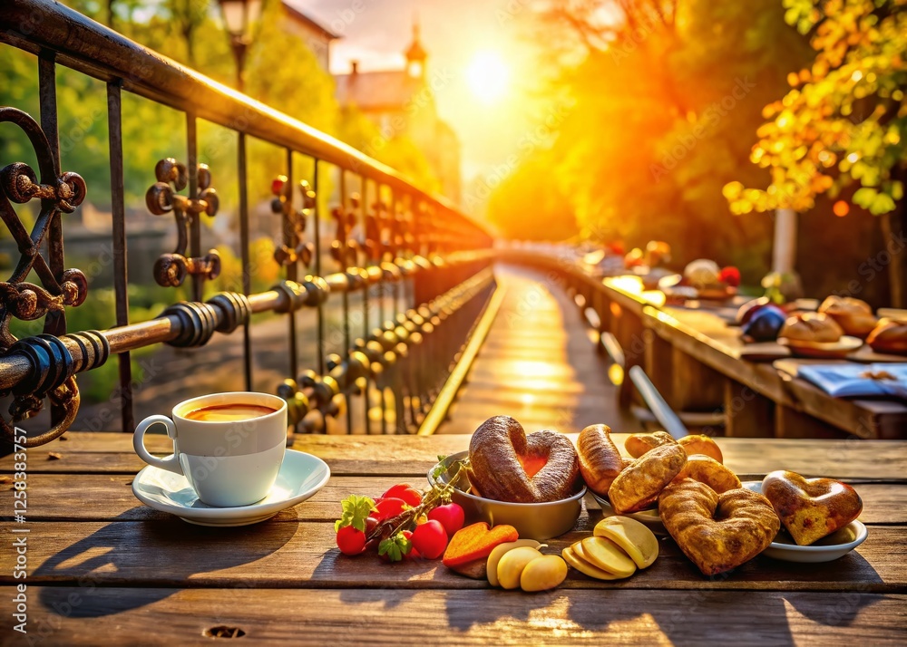 Romantic Love Locks on Bridge with Delicious Pastry and Coffee Romantic Love Locks on Bridge with Delicious Pastry and Coffee