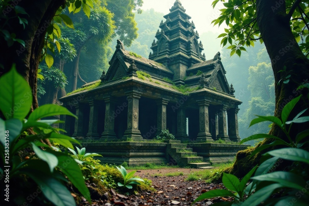 Mysterious and abandoned temple ruins amidst dense foliage covered in vines and exotic leaves, nature, jungle Mysterious and abandoned temple ruins amidst dense foliage covered in vines and exotic leaves, nature, jungle