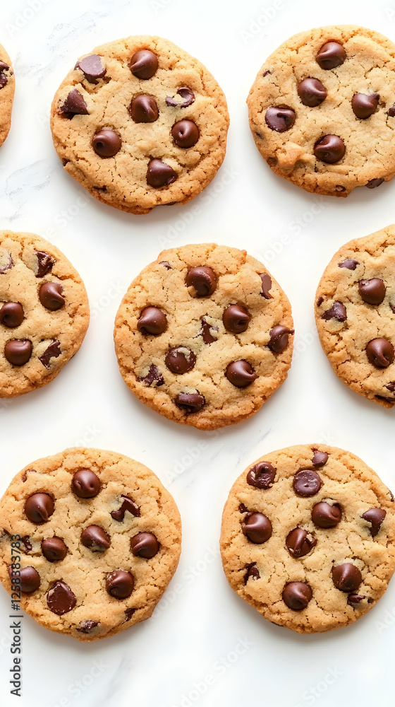 Chocolate chip cookies in rows on marble backdrop, perfect for food blog, recipe or baking ad Chocolate chip cookies in rows on marble backdrop, perfect for food blog, recipe or baking ad