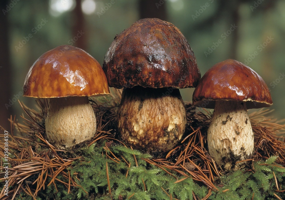 Three brown cap mushrooms on moss and pine needles in a forest. Three brown cap mushrooms on moss and pine needles in a forest.