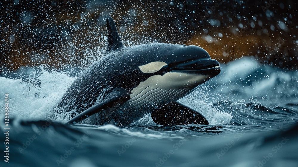 Obraz premium Majestic orca breaching the ocean surface amidst splashing waves and dramatic backdrop
