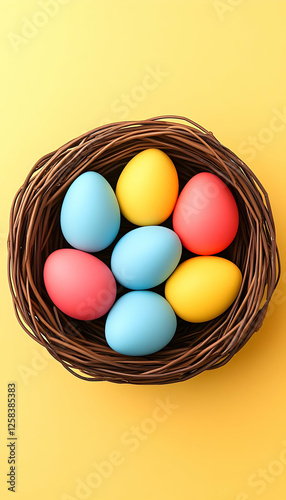 Colorful Easter eggs in a nest on yellow. Easter background image for seasonal celebrations
