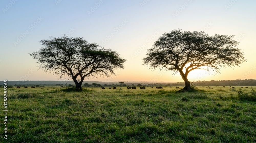 Golden hour serenity expansive savanna landscape with silhouetted trees nature’s beauty tranquil environment Golden hour serenity expansive savanna landscape with silhouetted trees nature’s beauty tranquil environment