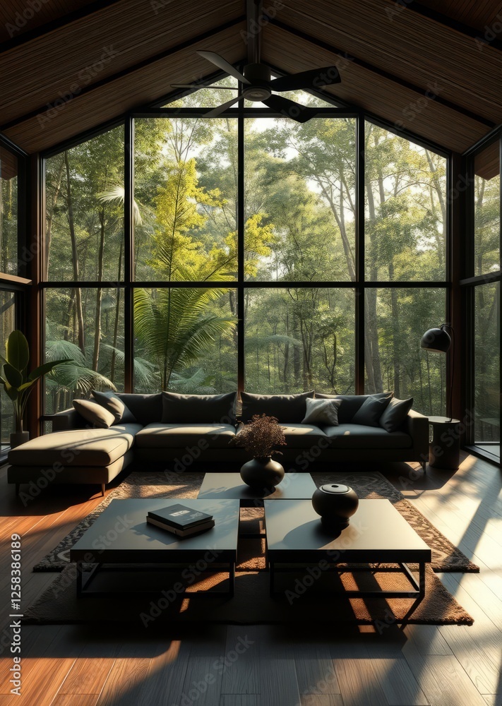 A modern living room with large windows overlooking a lush green forest featuring a sectional sofa and two coffee tables creating a serene and inviting atmosphere bamboo house background beautiful bam