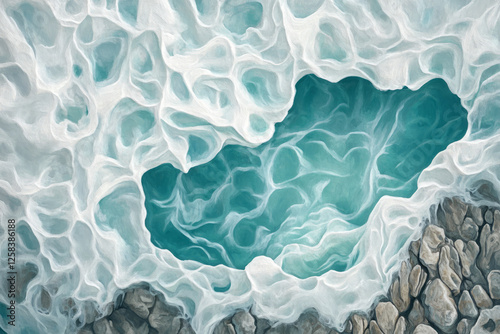 Highly detailed seafoam on a rocky shore, foamy and irregular with soft ripples creating a fresh, dynamic texture. photo