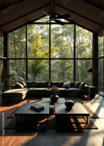 Obraz na płótnie A modern living room with large windows overlooking a lush green forest featuring a sectional sofa and two coffee tables creating a serene and inviting atmosphere bamboo house background beautiful bam w salonie