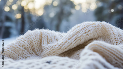 This image captures the close-up texture of a cream-colored knitted wool blanket offering a cozy and inviting feel. AI generative. photo